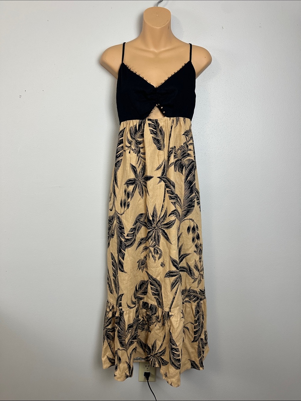 Linen Blend Beaded Sweetheart Neck with Keyhole Cutout Tropical Maxi Dress